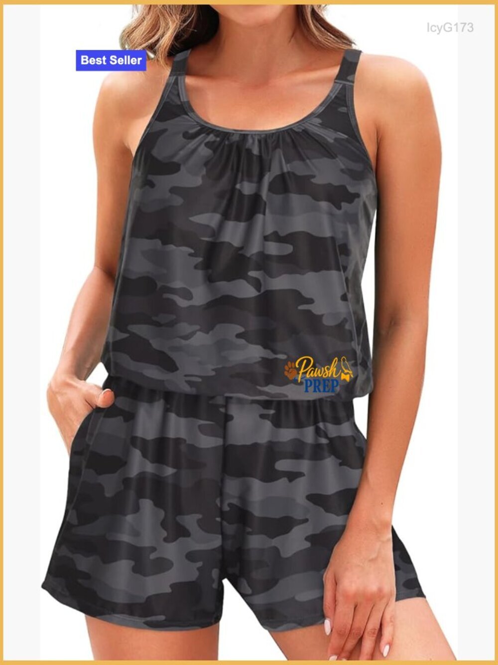 Women Boyleg One Piece Swimsuit with Pockets and Adjustable Straps Modest